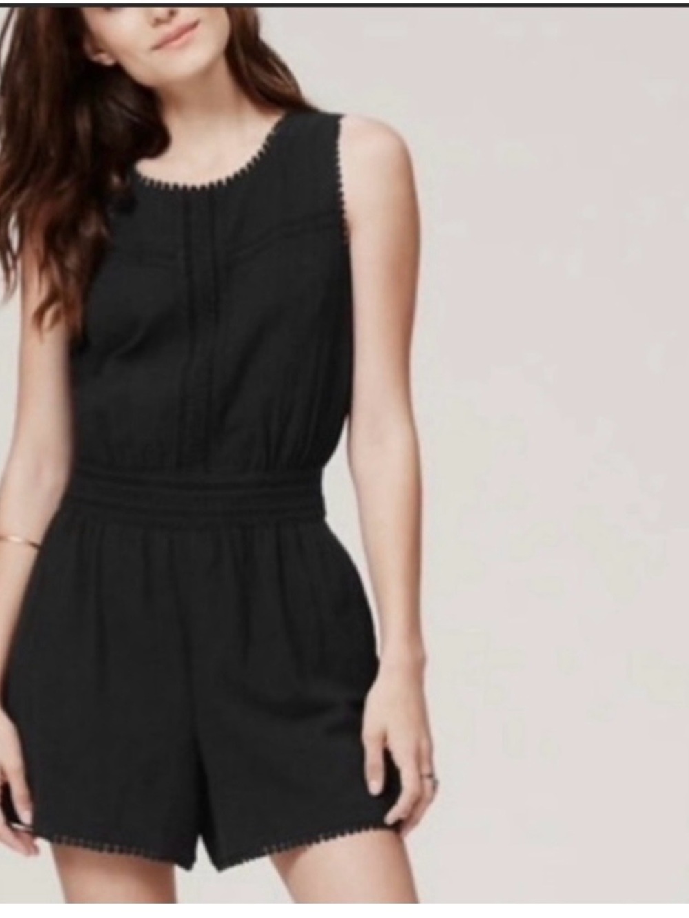 LOFT Black Sleeveless Crochet-Trim Romper